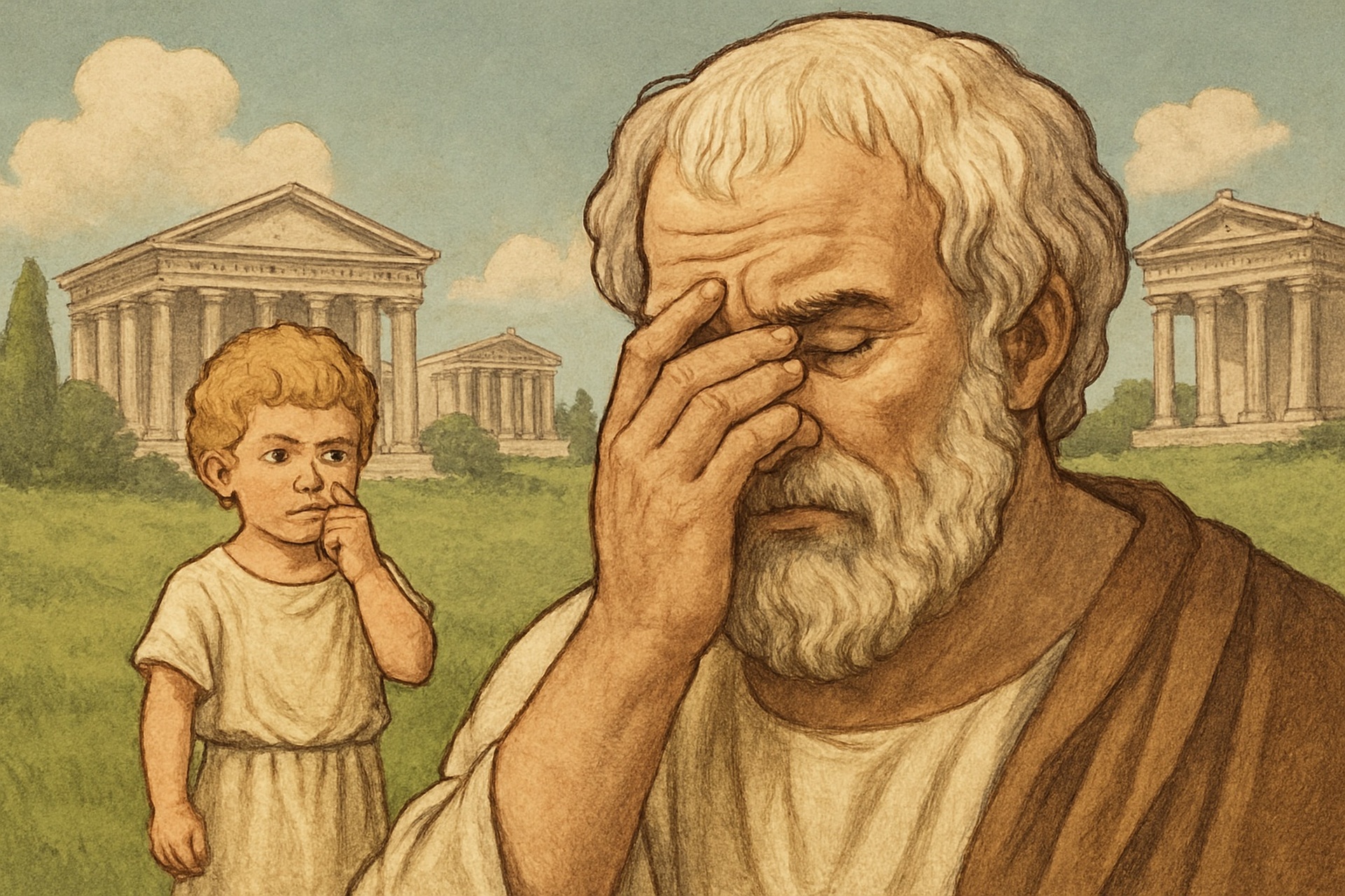 Ein gezeichneter Aristoteles hält sich enttäuscht die Hand vor den Kopf. Dahinter steht ein Kind, das fragend dreinblickt.