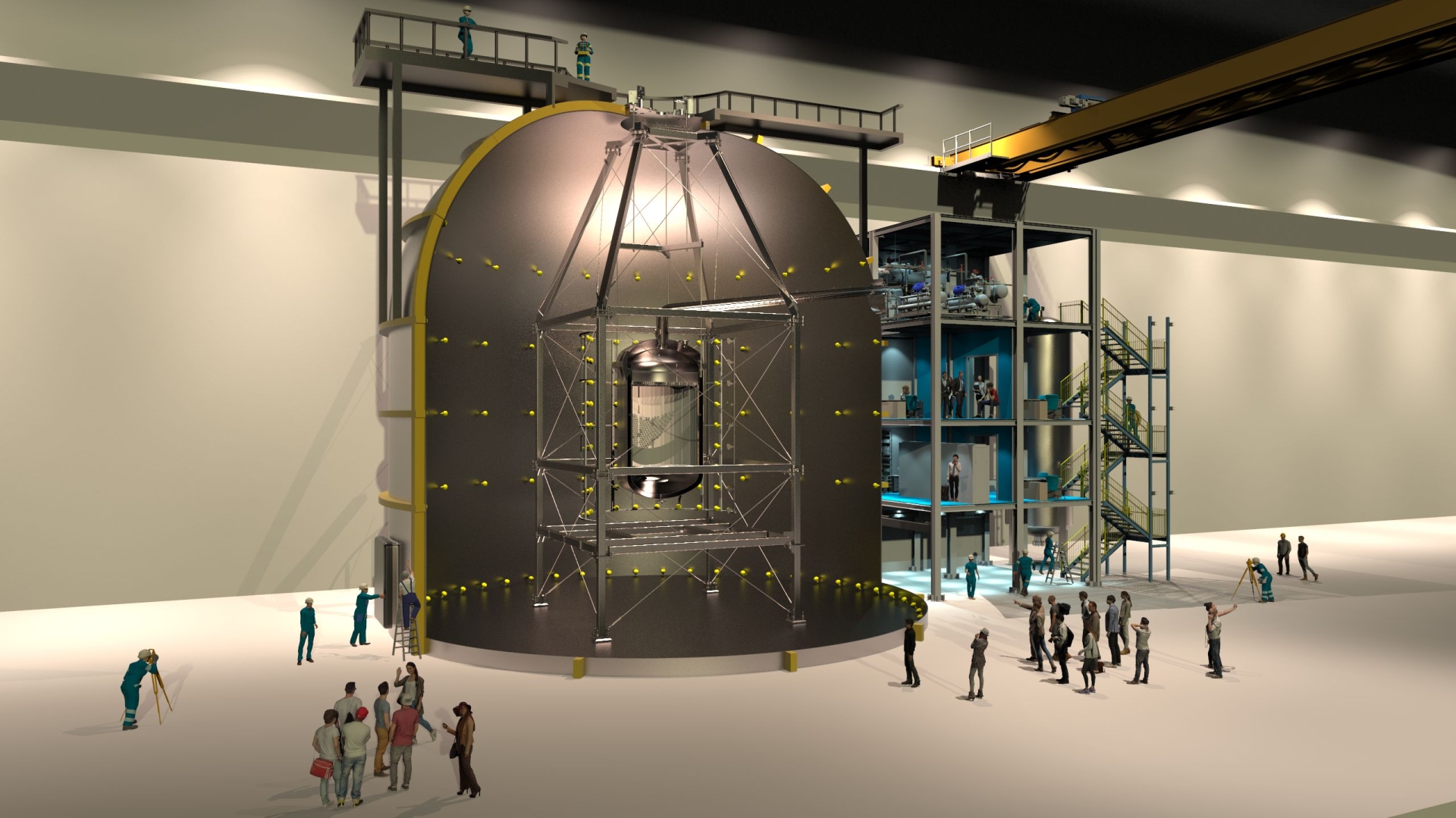 Die XENON-Experimente und der geplante Nachfolger DARWIN suchen nach Dunkler Materie in einem Untergrundlabor unter dem italienischen Gran-Sasso-Massiv. Das Bild zeigt eine 3D-Grafik von DARWIN.
