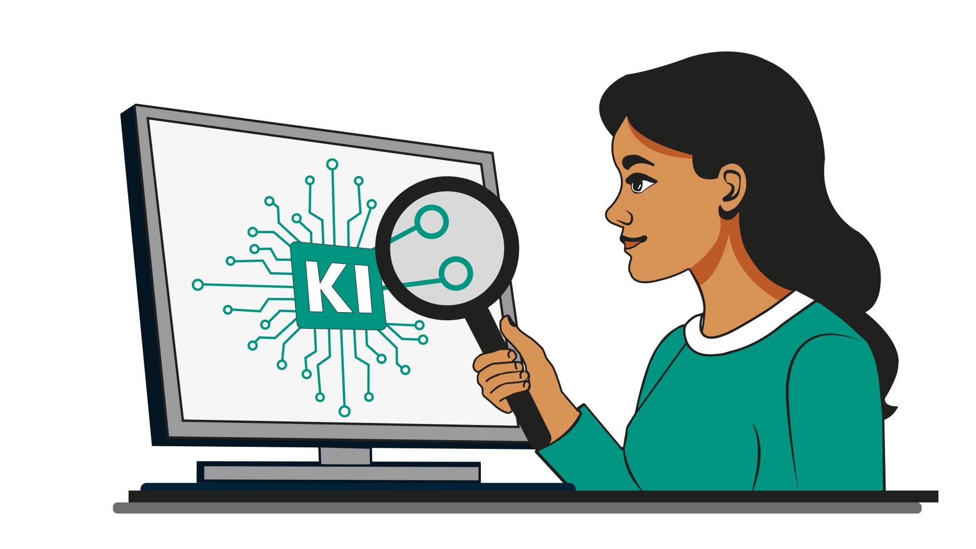 Frau betrachtet Computerbildschirm mit KI-Symbolen durch Lupe (Illustration).