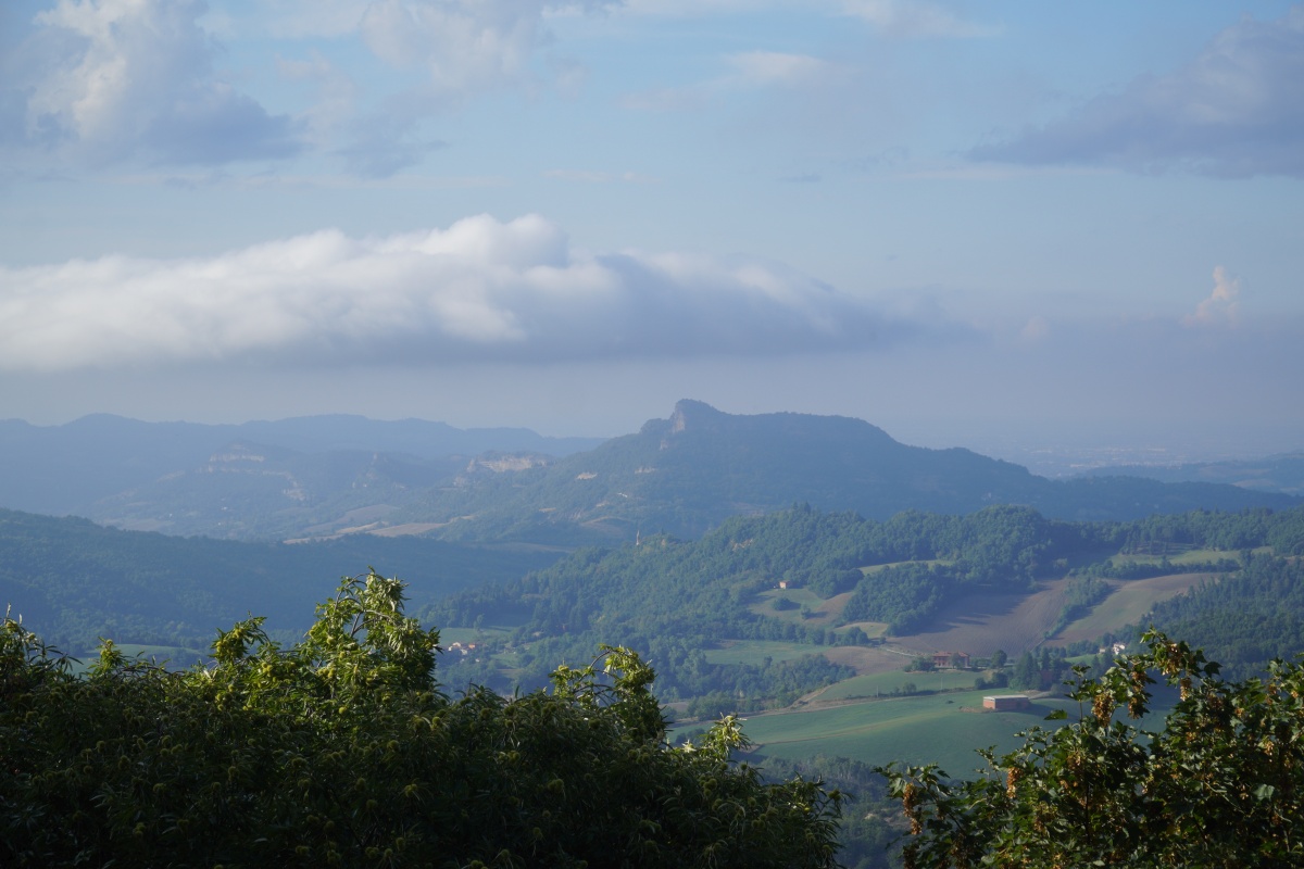Blick auf eine H&uuml;gellandschaft mit typisch italienischen Landh&auml;usern.